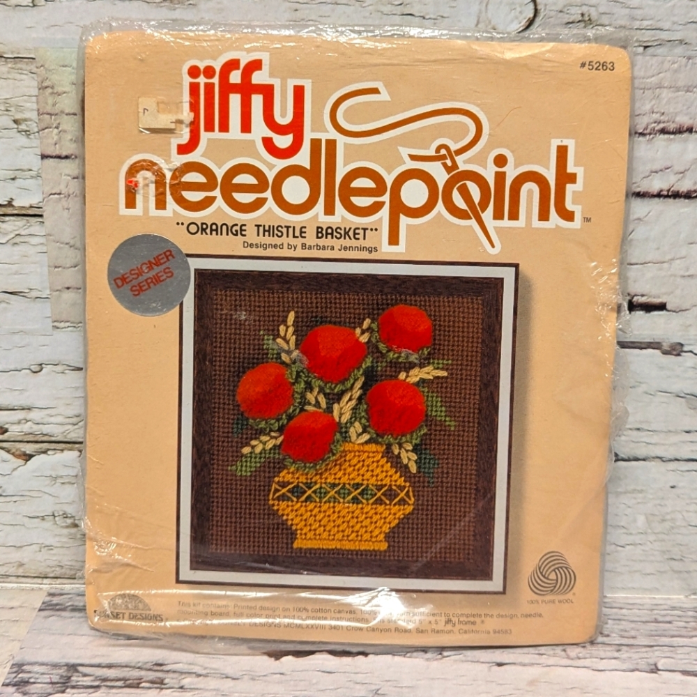 Jiffy Needlepoint Kit #5263 Orange Thistle Basket 100% Wool By Barbara Jennings